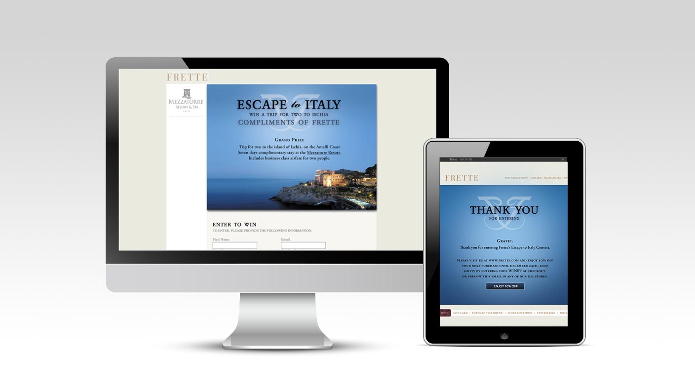 Frette Escape to Italy landing page and confirmation email on desktop and tablet devices