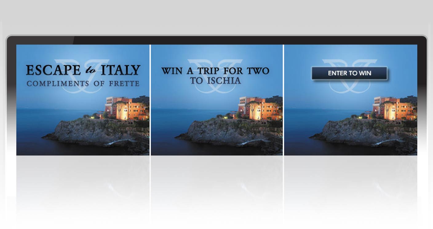 Three frames from an animated banner ad promoting the Escape to Italy contest.
